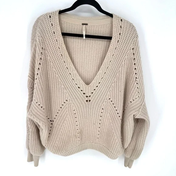 Free People Cream V-Neck Sweater - Picture 1 of 6